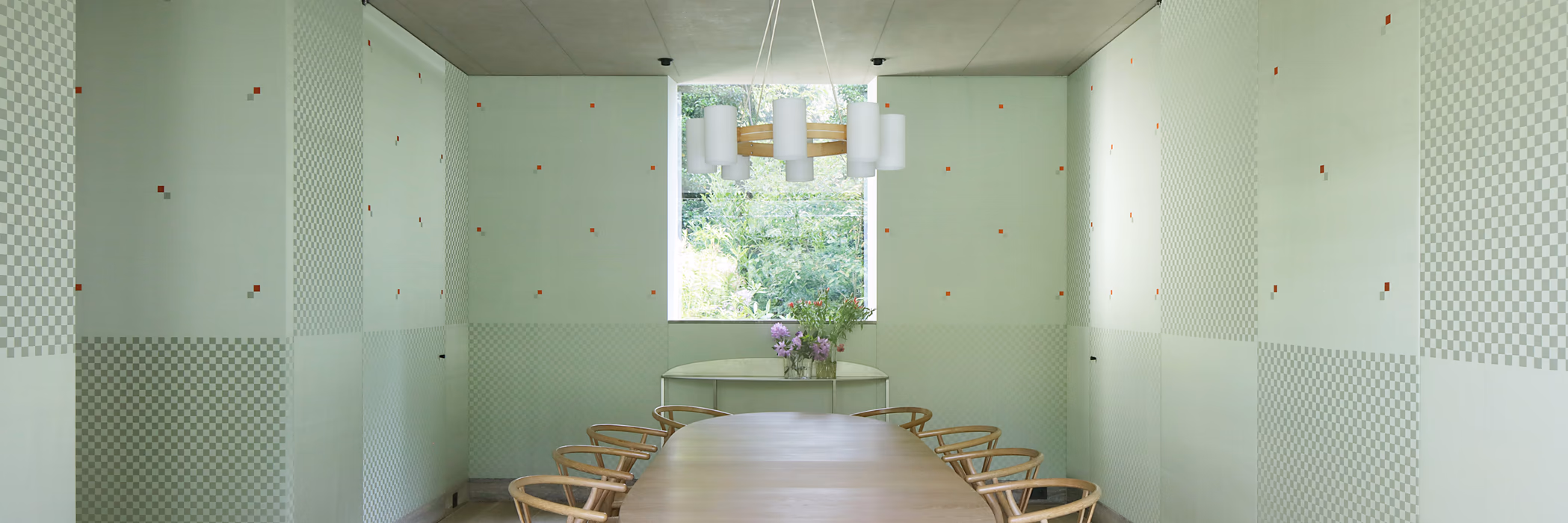 The dining room of the Deurle house, dressed in the Distinct Oscillation II damask